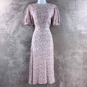 FAITHFULL THE BRAND Beline Midi Dress Womens Size 4 Pink Floral Puff Sleeve